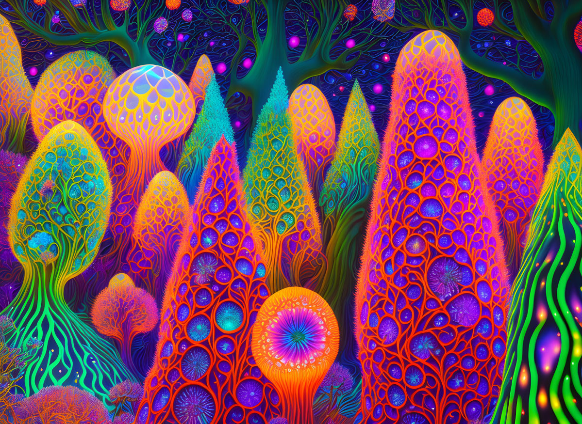 Colorful Psychedelic Mushroom Artwork with Neon Glow