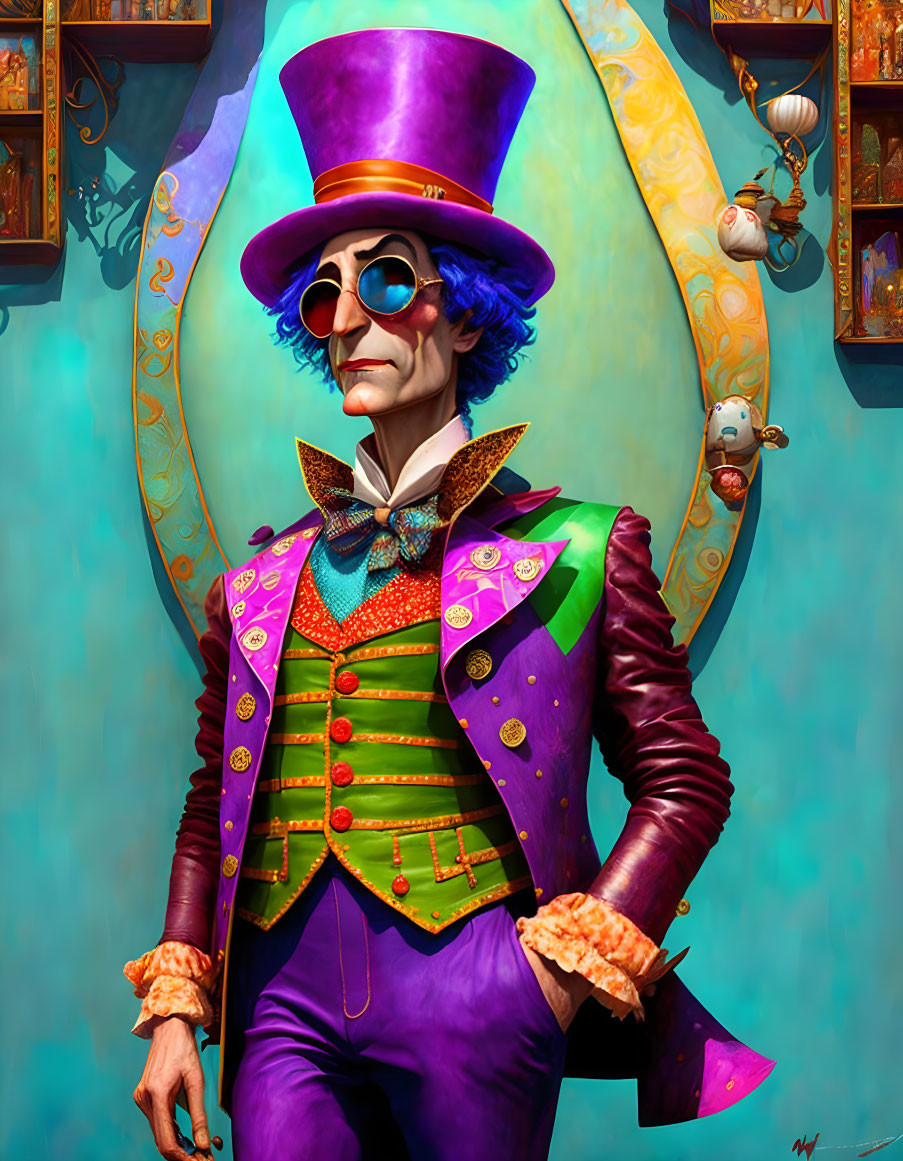 Colorful man in purple suit, green vest, top hat, sunglasses, and mustache portrait.