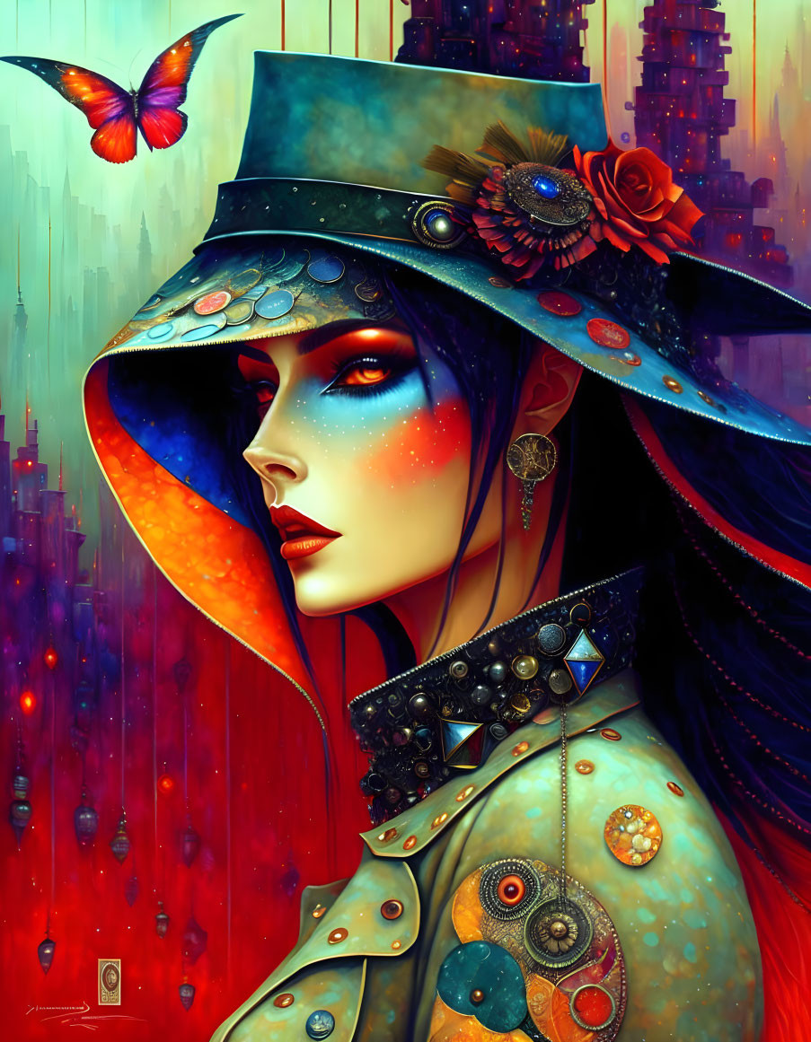 Colorful woman with face paint, hat, and jewelry in futuristic cityscape