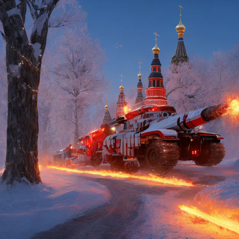 Snow-covered path and sci-fi tank in winter church scene