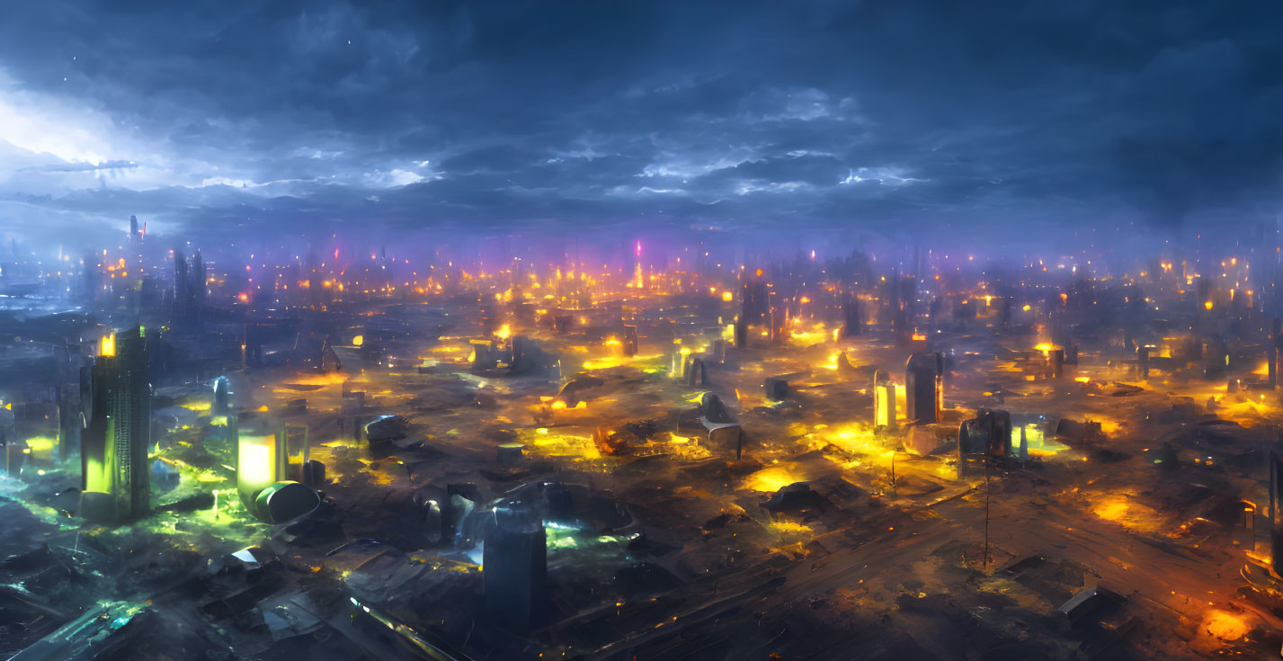 Futuristic night cityscape with illuminated skyscrapers and neon-lit sky