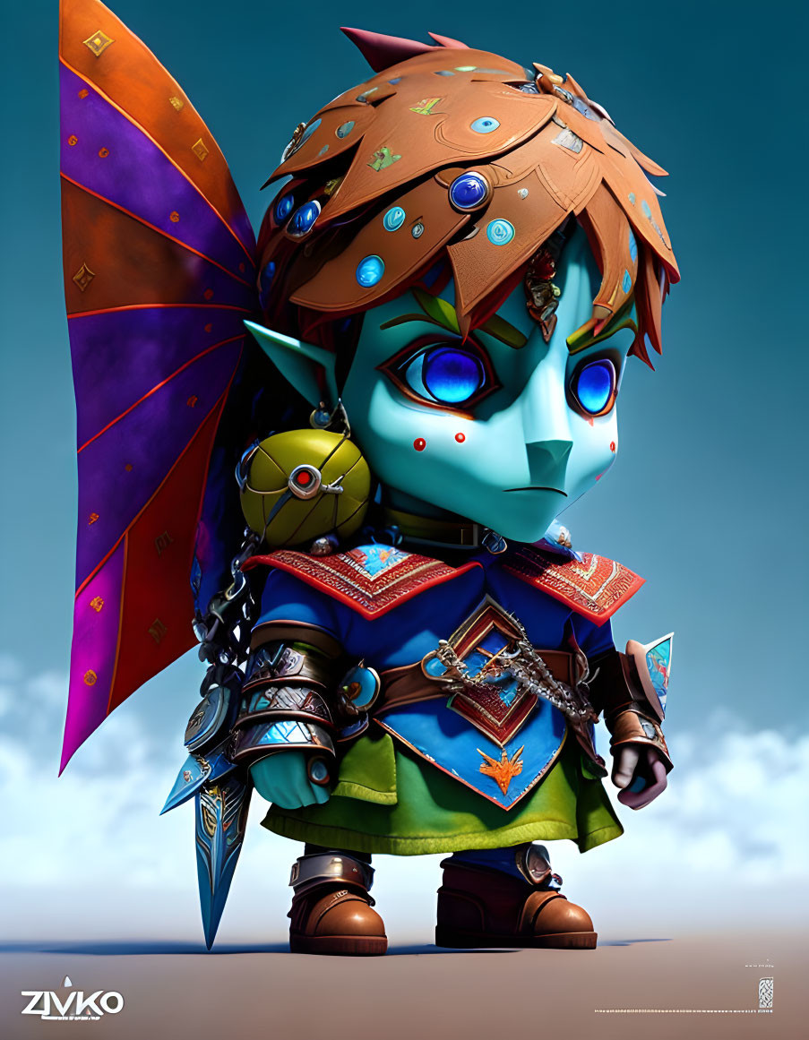 Fantasy character with pointed ears in elaborate armor against blue sky