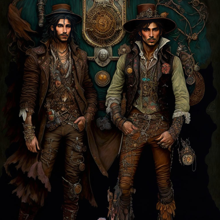 Men in steampunk attire with mechanical elements on dark background