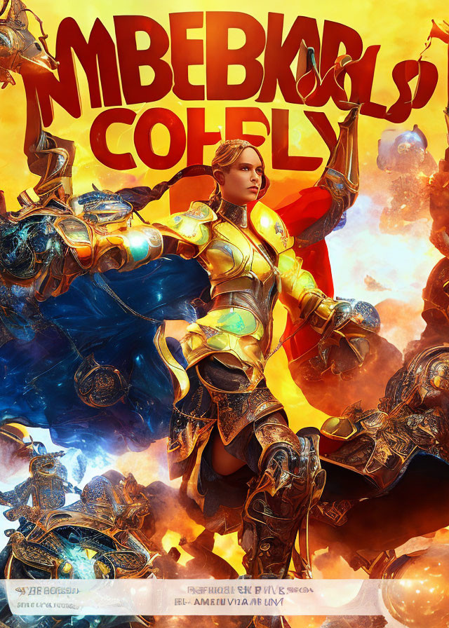 Futuristic armored woman in heroic pose with Cyrillic text on fiery background