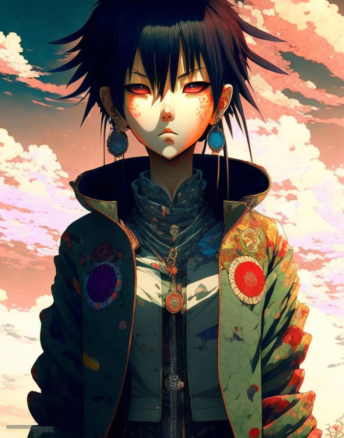 Illustrated character with black hair and red eyes in colorful jacket with flower motifs against sunset sky