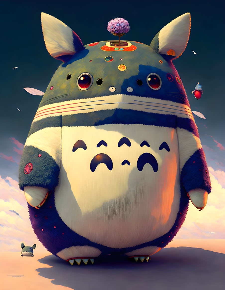 Whimsical Totoro-inspired space robot under sunset sky