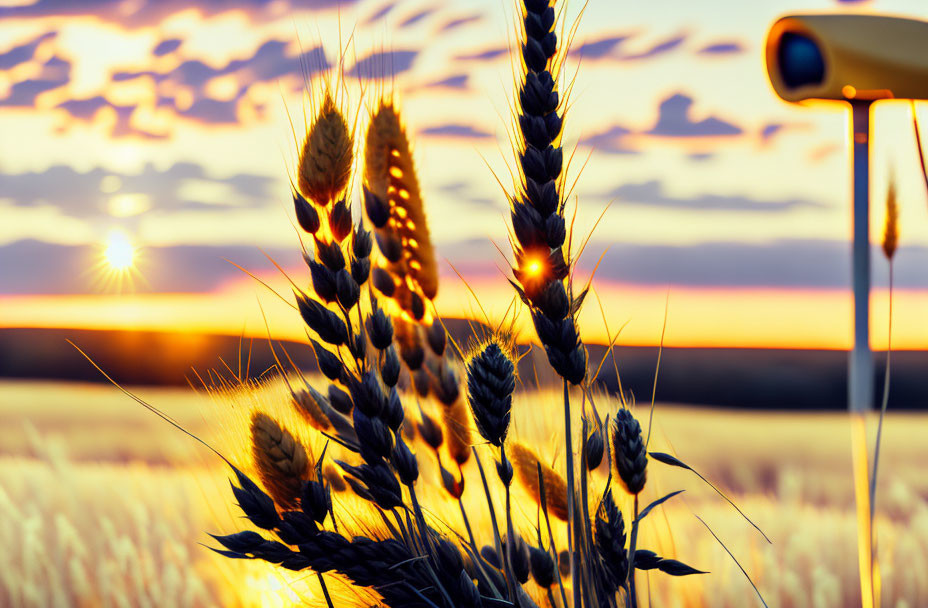 Ripe wheat field at sunrise with security camera under clear sky