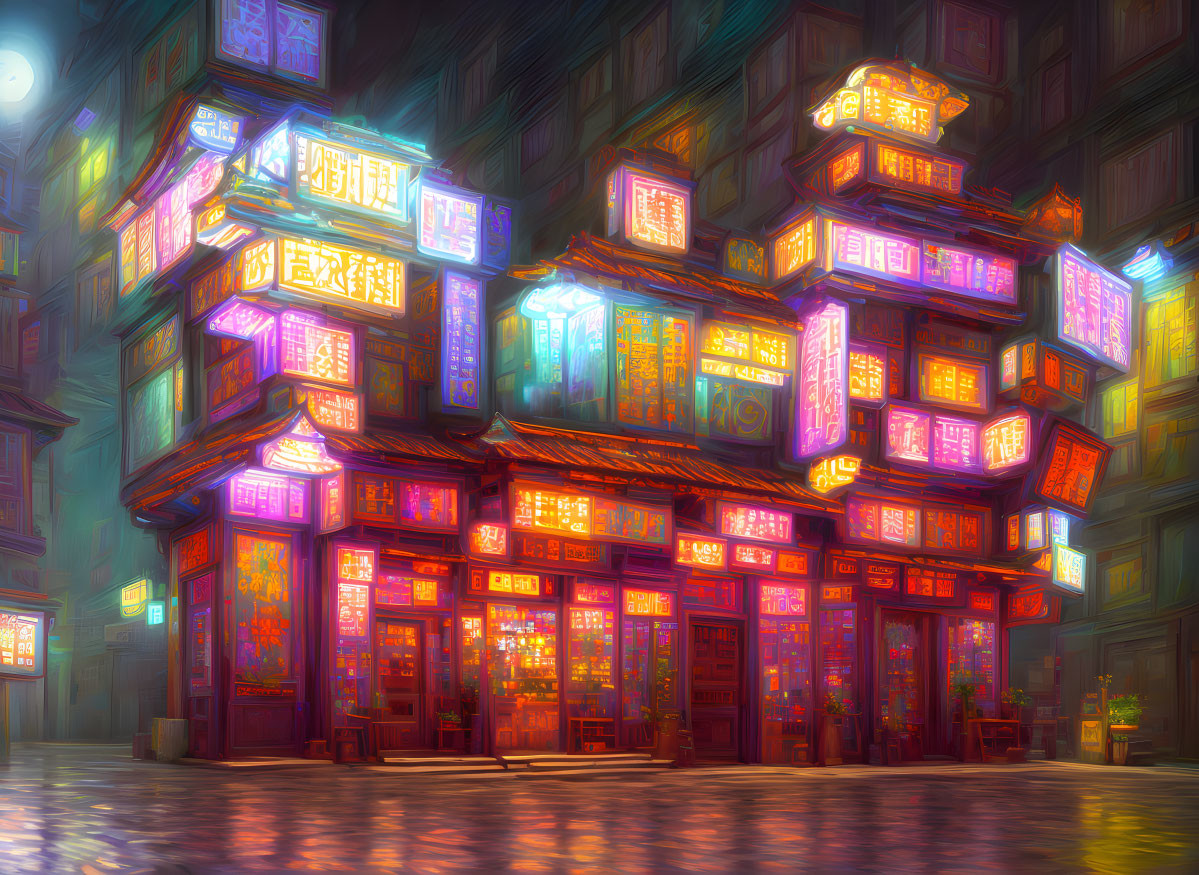 Neon-lit street scene with colorful building signs