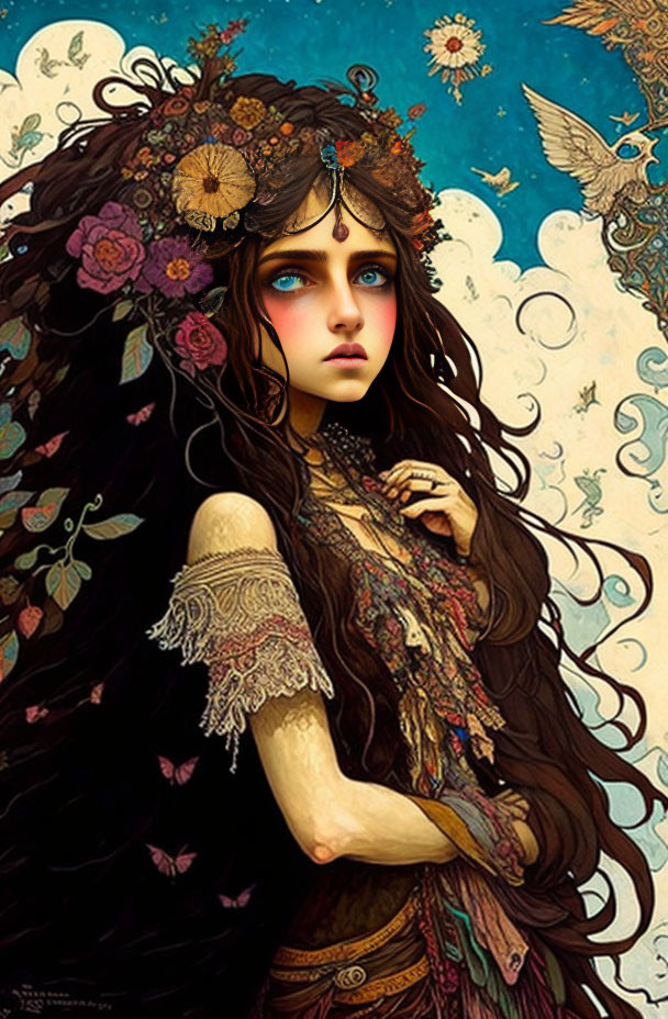 Digital Artwork: Woman with Long Brown Hair, Floral Headpiece, Blue Eyes, and Ornate