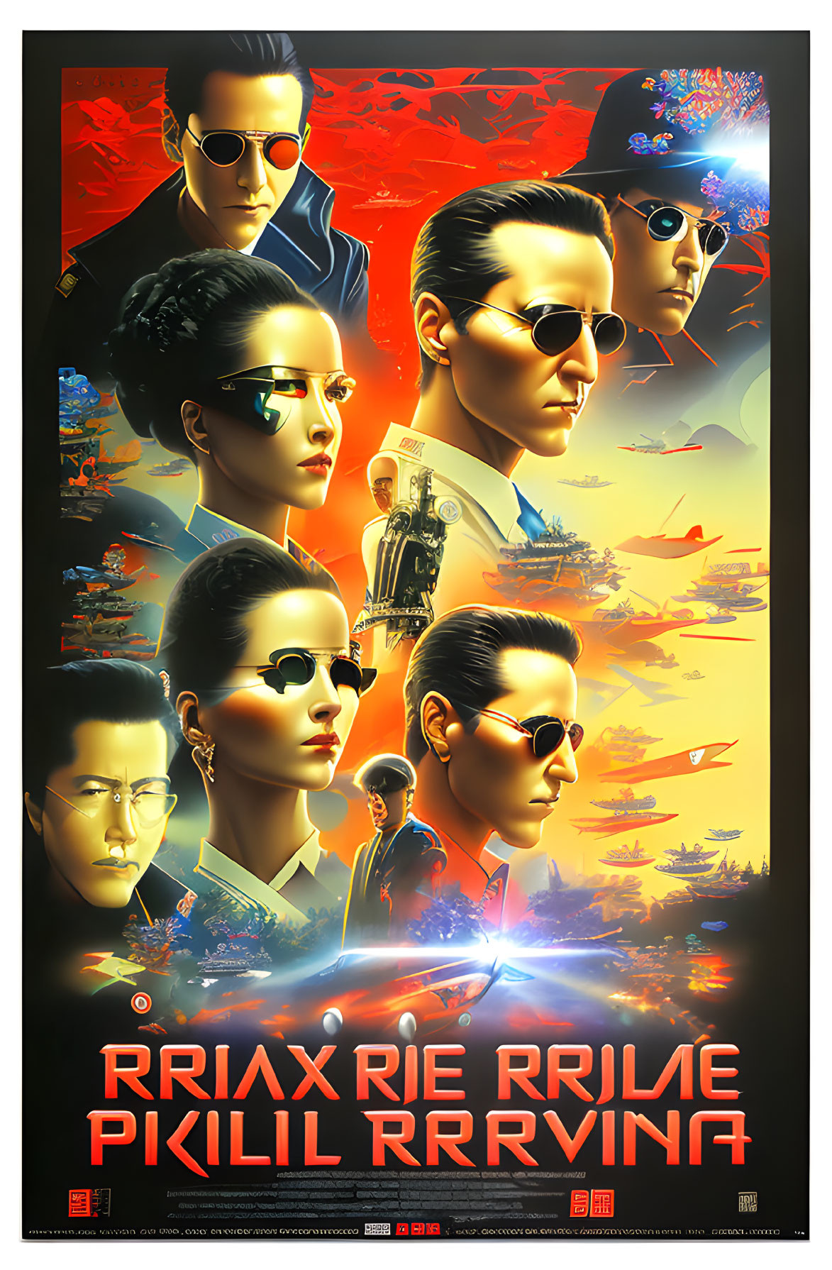 Futuristic movie poster with multiple characters in sunglasses