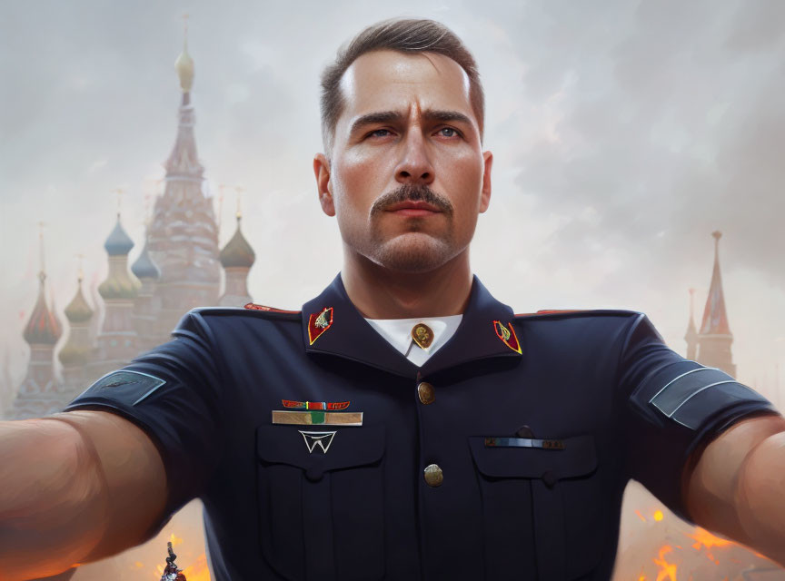 Military man in uniform with medals against cloudy city backdrop.