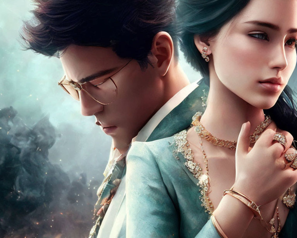 Luxuriously dressed man and woman in stylized portrait with ethereal backdrop.