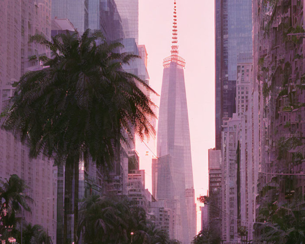 Cityscape at Twilight: Palm-lined Street and Skyscraper in Pink Sunset Hues