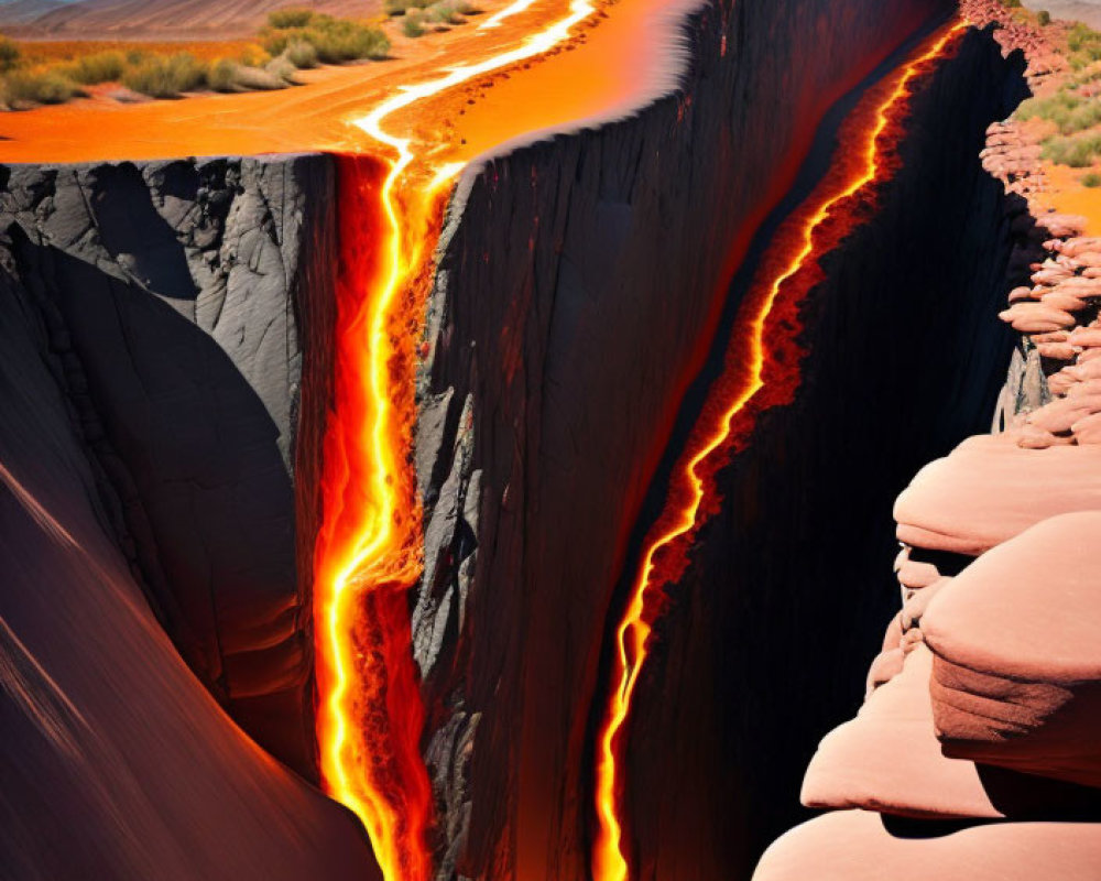 Digital artwork: Desert dune merges with flowing lava in dramatic composition