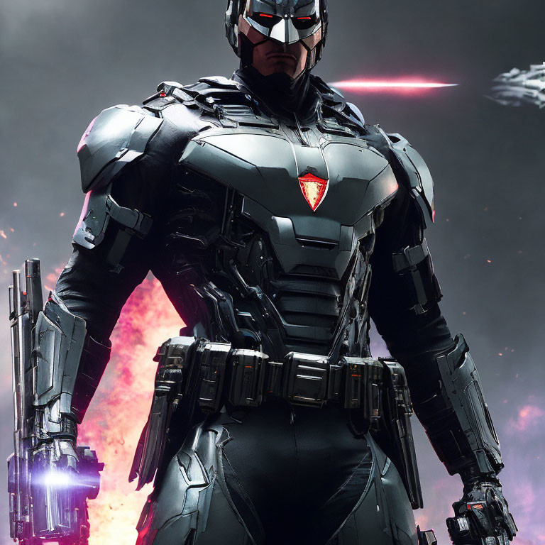 Futuristic person in black armor suit with red insignia against explosive backdrop