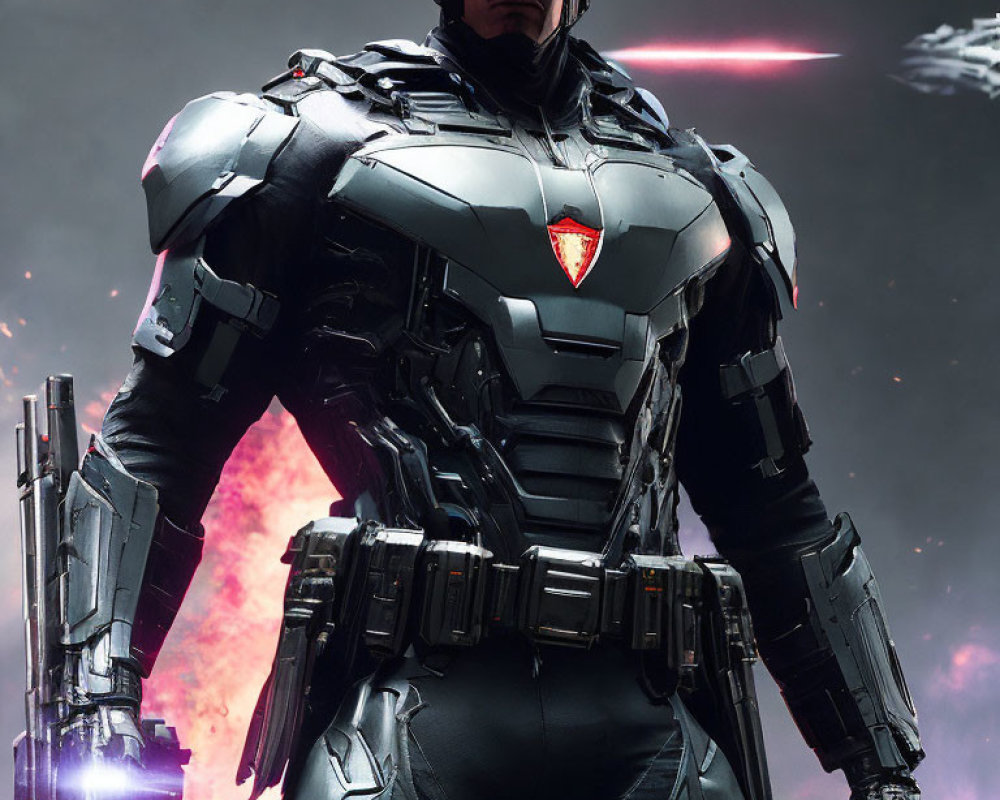 Futuristic person in black armor suit with red insignia against explosive backdrop