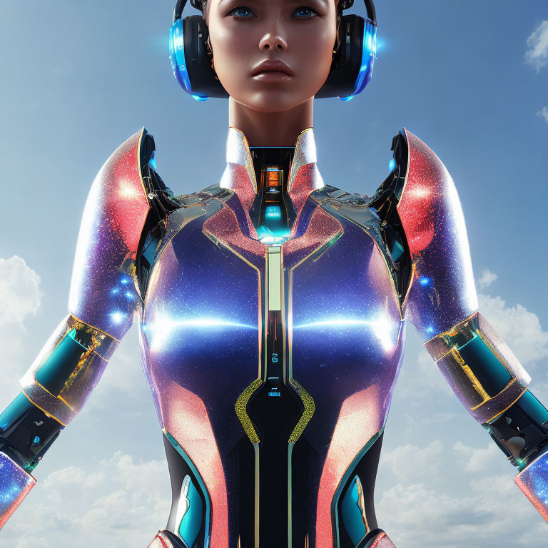 Female android in cosmic armor with blue eyes and futuristic headphones on cloudy sky.