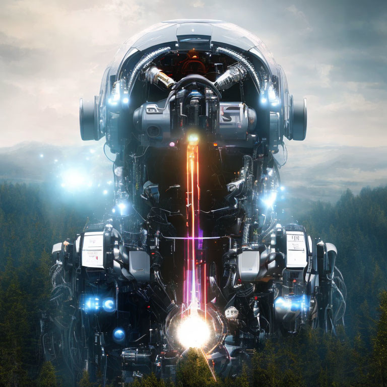 Detailed robot emitting red beam in misty forest landscape