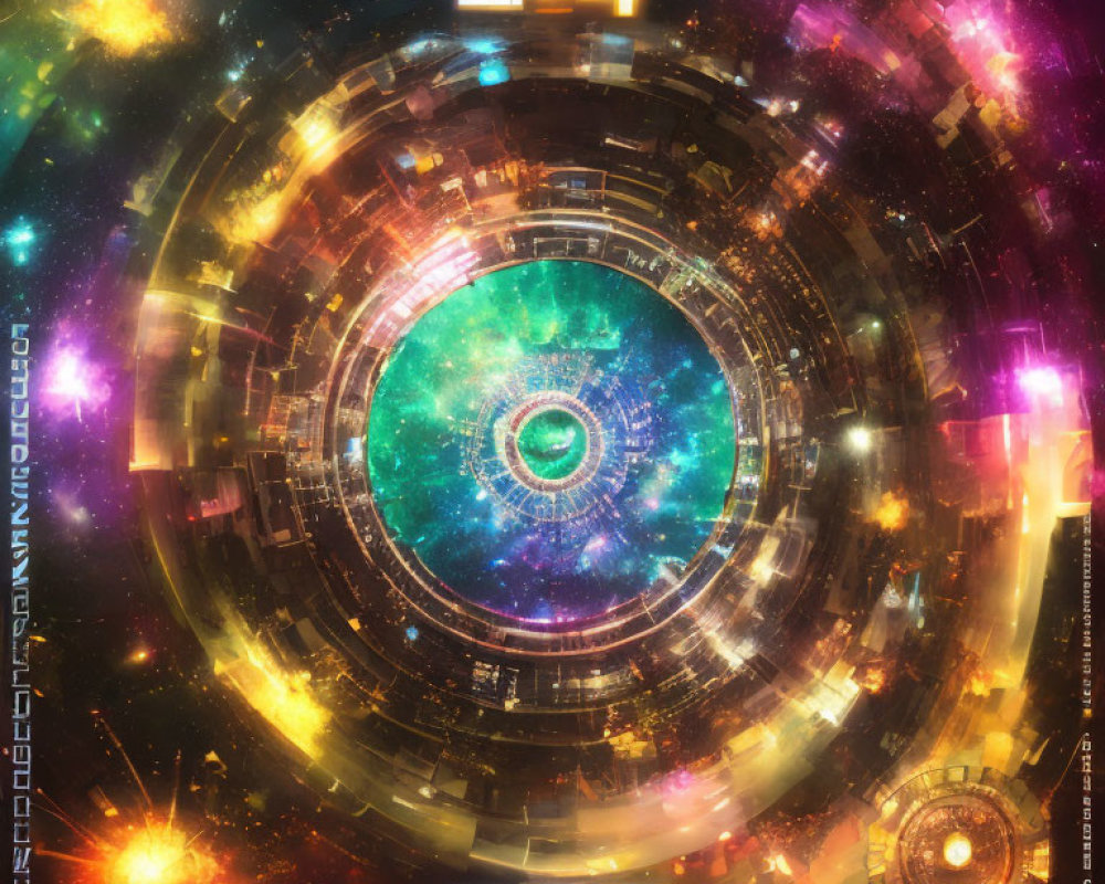 Colorful Cosmic Sci-Fi Scene with Circular Patterns and Galactic Core