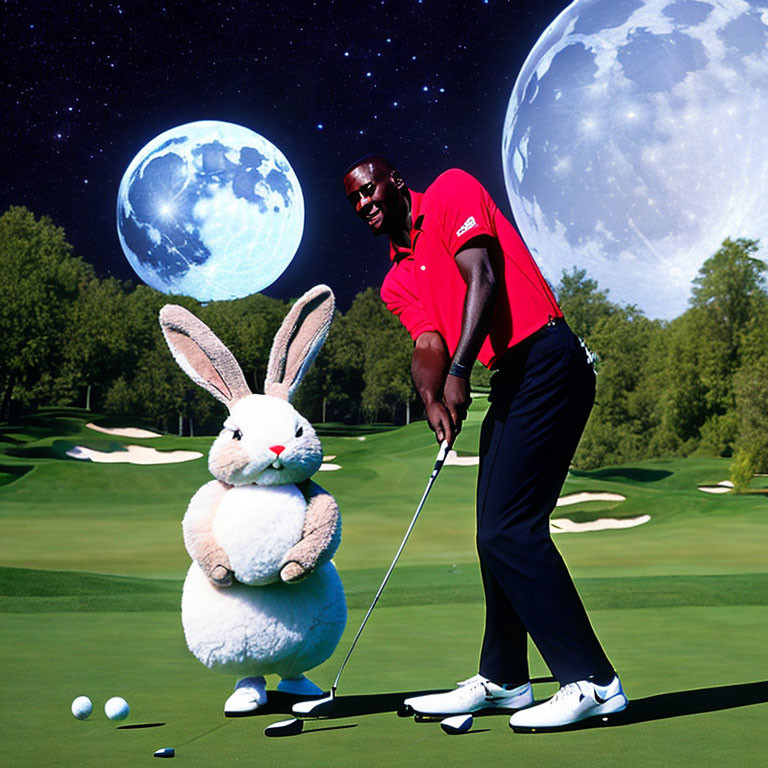 Man playing golf with large stuffed rabbit under two moons