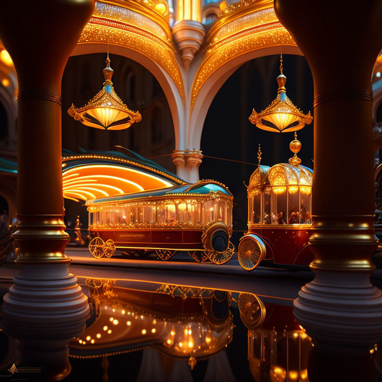 Opulent Hall with Vintage Carriages, Glossy Floor, Lit Arches