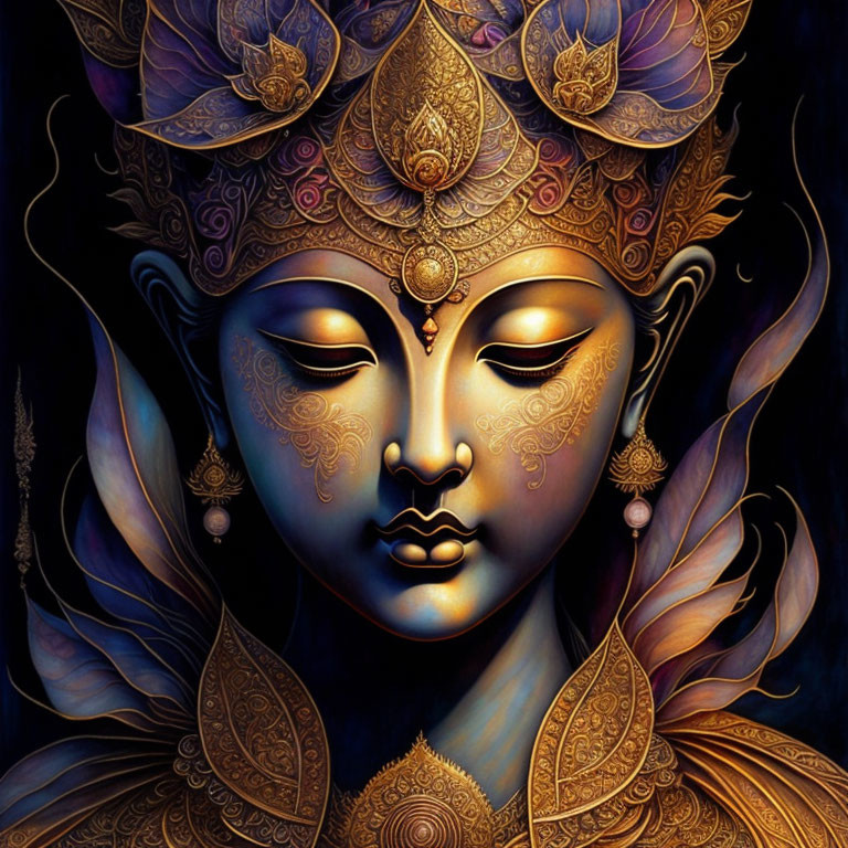 Golden headgear and jewelry on serene figure in dark background