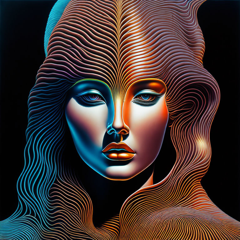 Symmetrical female face with flowing hair in vibrant orange and blue hues