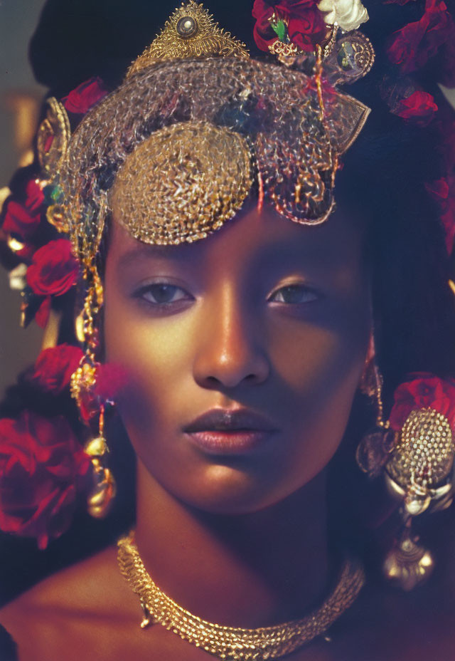 Person portrait featuring striking headdress with red flowers, golden beads, and intricate jewelry.