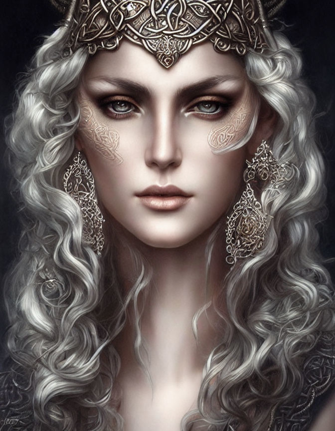 Detailed portrait of a woman with silver jewelry and intricate facial markings