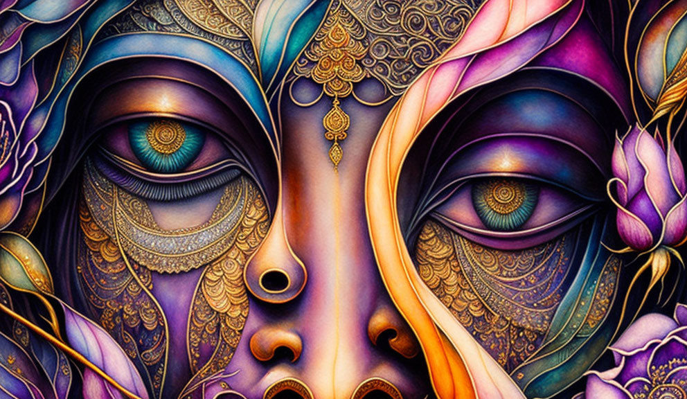 Colorful Face Artwork with Detailed Patterns and Captivating Eyes