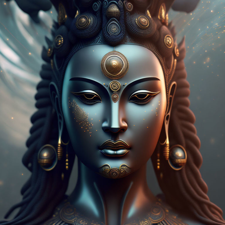 Serene blue-hued face with gold details and traditional adornments