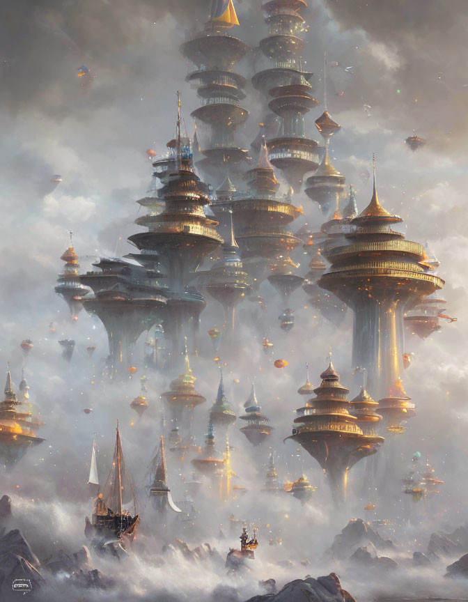 Fantastical city with towering spires and floating buildings in cloudy sky