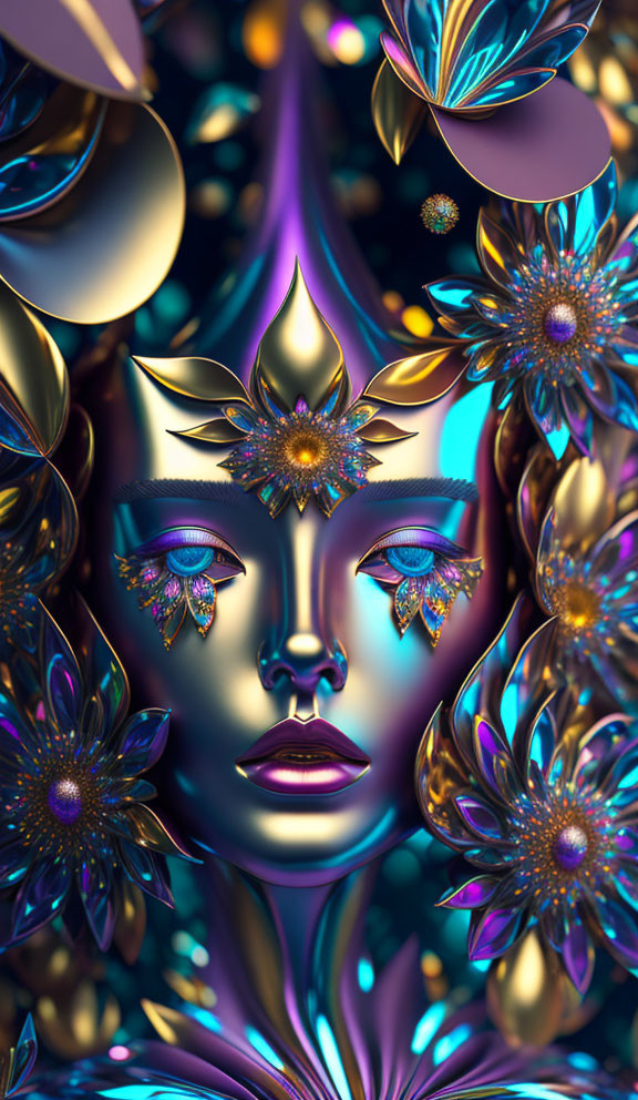 Symmetrical digital artwork with serene face element and metallic blue-gold flowers