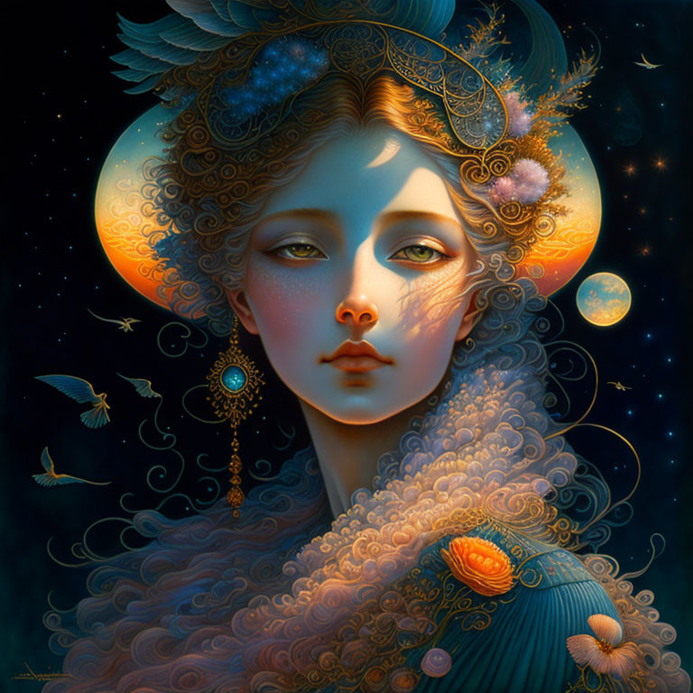 Fantasy portrait of a cosmic woman with celestial elements and ornate jewelry