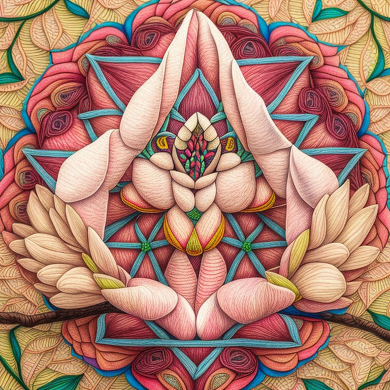 Symmetrical floral and geometric illustration with central flower and interlaced triangles