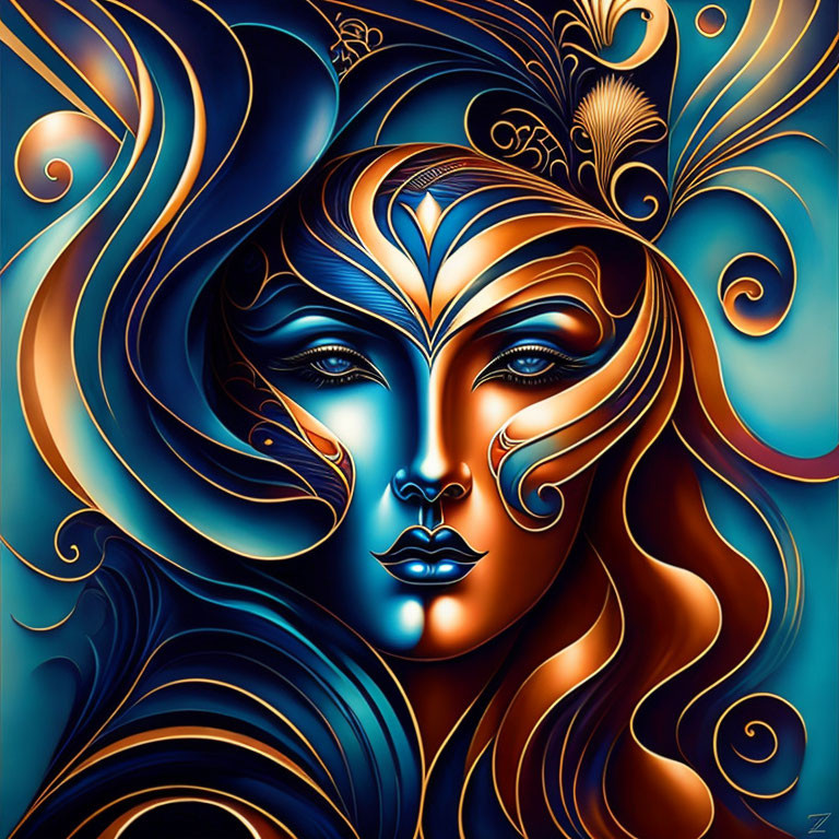 Colorful stylized portrait of a woman with blue and gold designs