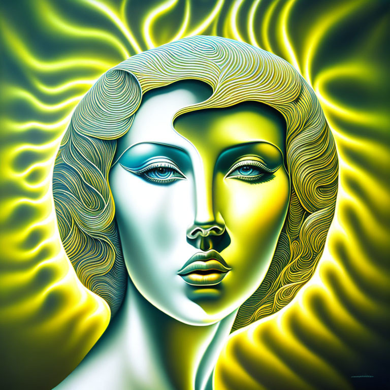 Illustration of woman's face with stylized hair and yellow aura.