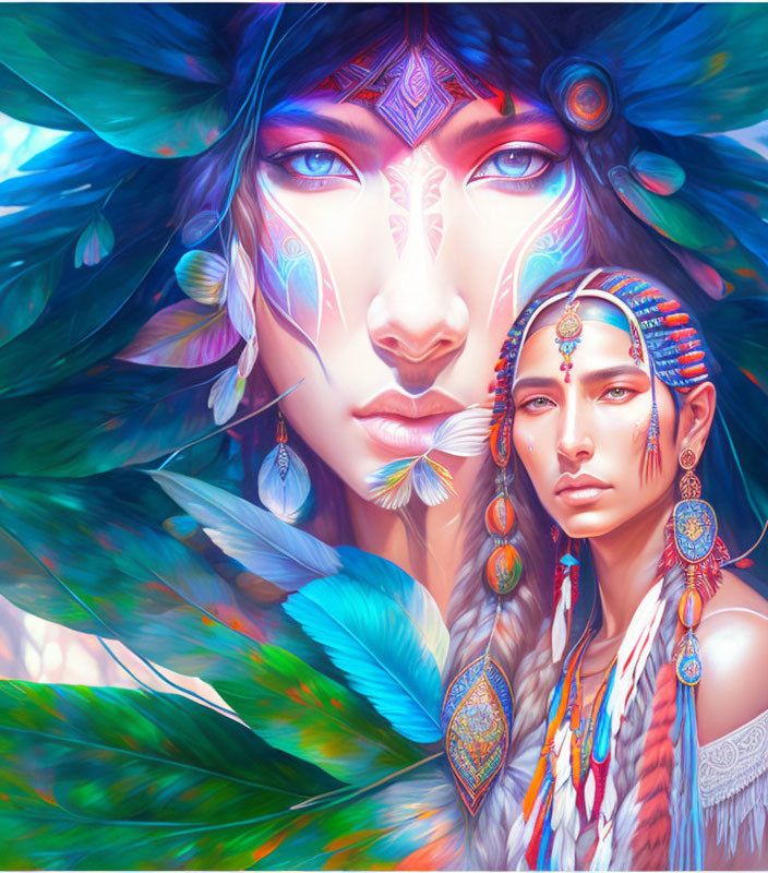 Vibrant digital artwork of two individuals with tribal makeup and mystical accessories