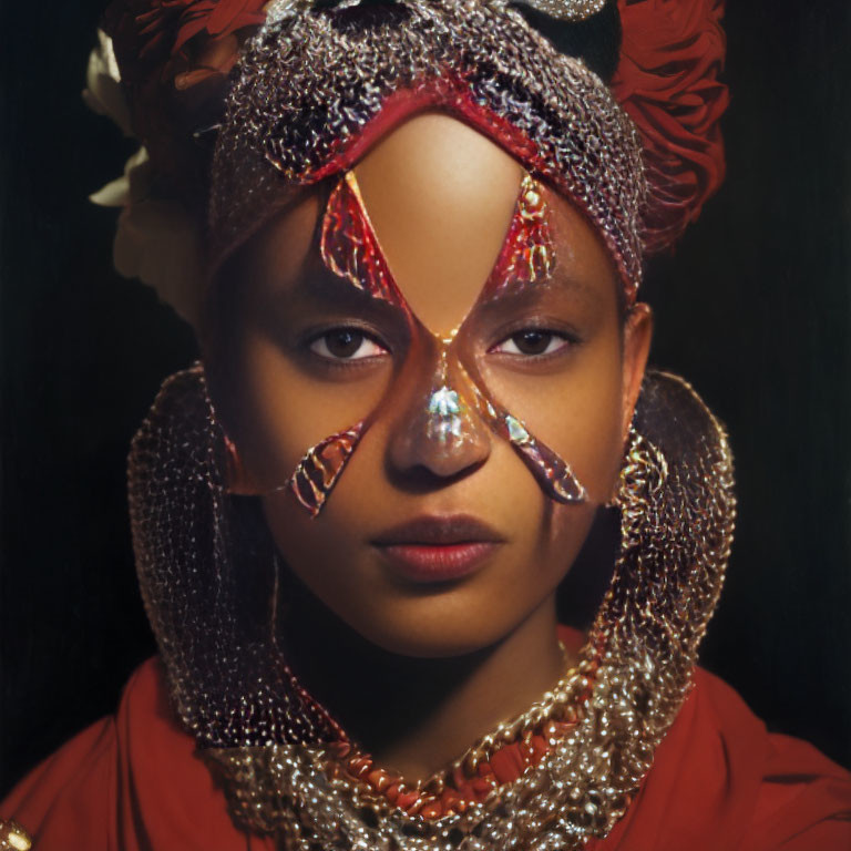 Young individual in red, white, and silver face paint and headgear gazes at camera