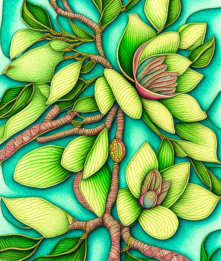 Detailed Green Leaves and Flowers on Turquoise Background