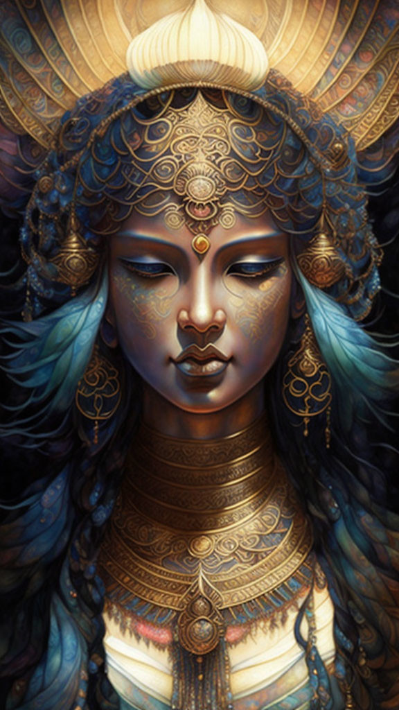 Detailed digital painting of serene woman with blue skin and golden headdress on dark background