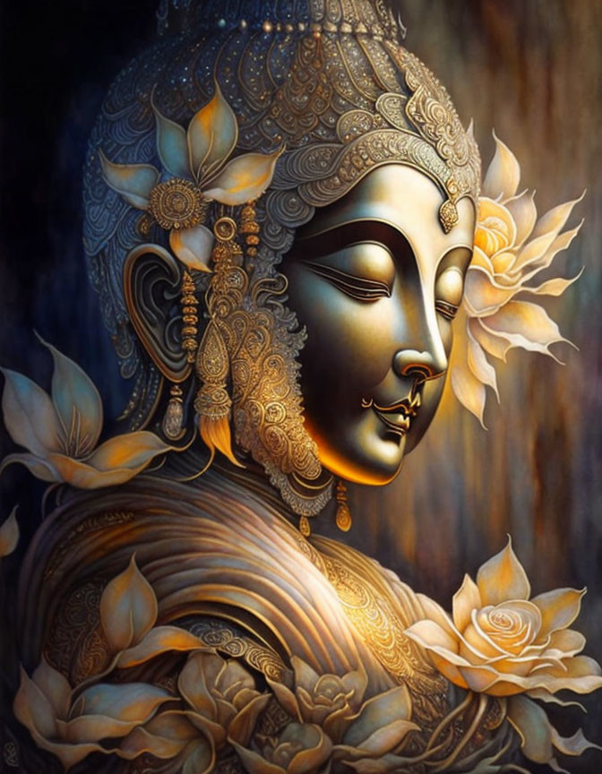 Intricate Gold Pattern Buddha Surrounded by Lotus Flowers