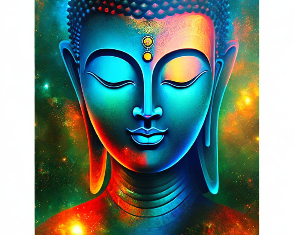 Serene Buddha digital art with vibrant, cosmic background