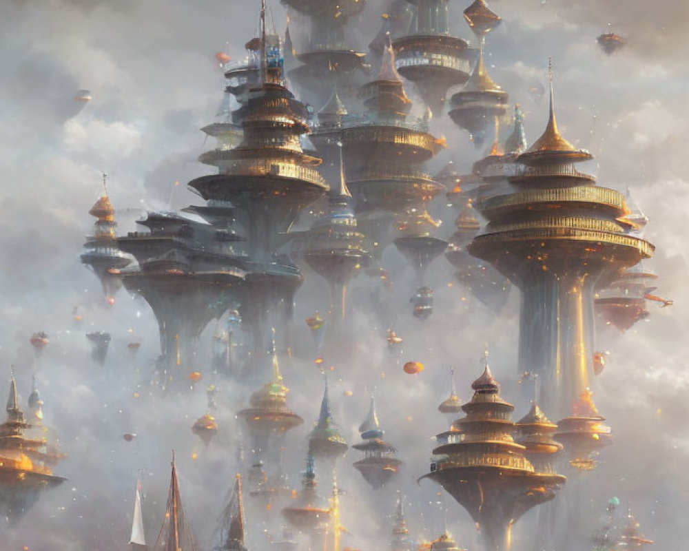 Fantastical city with towering spires and floating buildings in cloudy sky