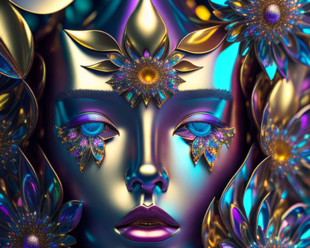 Symmetrical digital artwork with serene face element and metallic blue-gold flowers