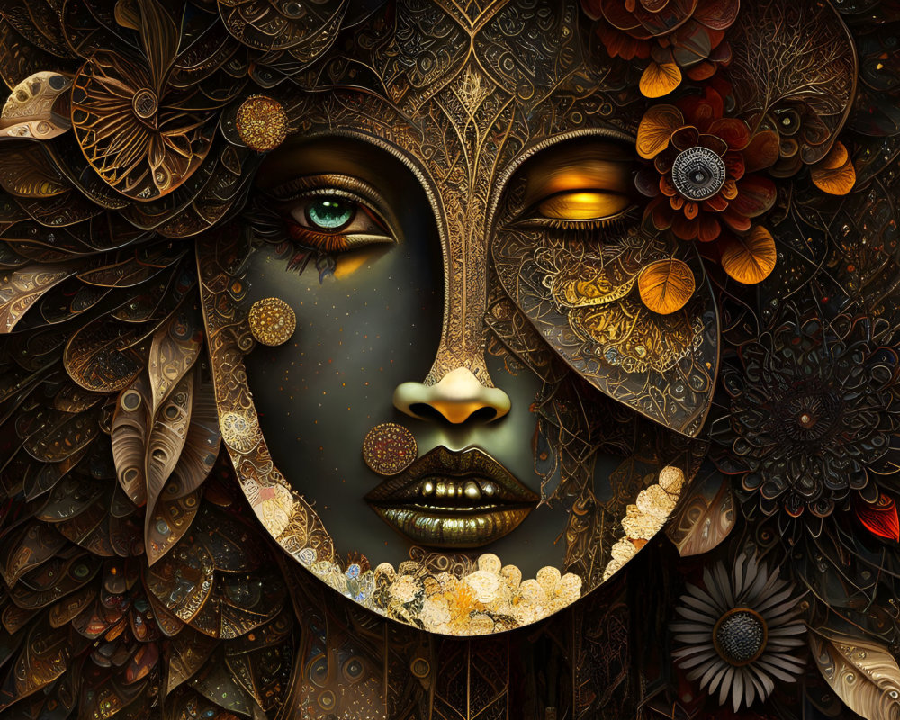 Detailed Digital Artwork of Woman's Face with Ornate Floral and Cosmic Patterns