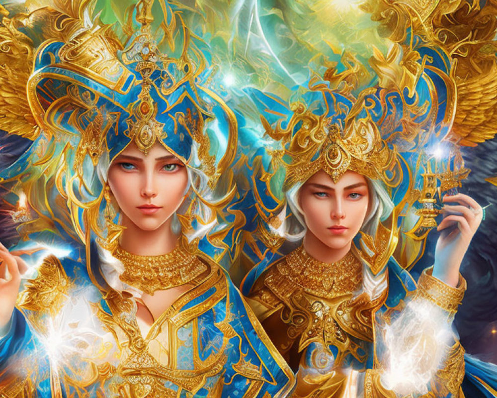 Fantasy characters in ornate golden armor with ethereal wings and glowing effects