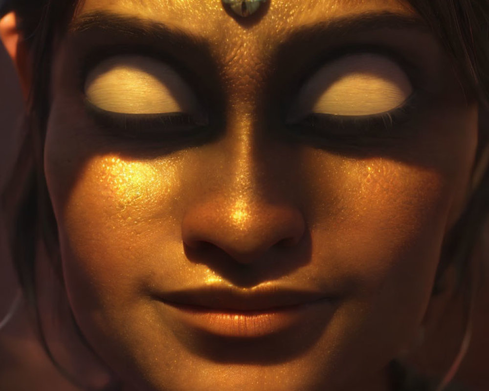 Person with Closed Eyes, Golden Makeup, and Green Bindi in Warm Light