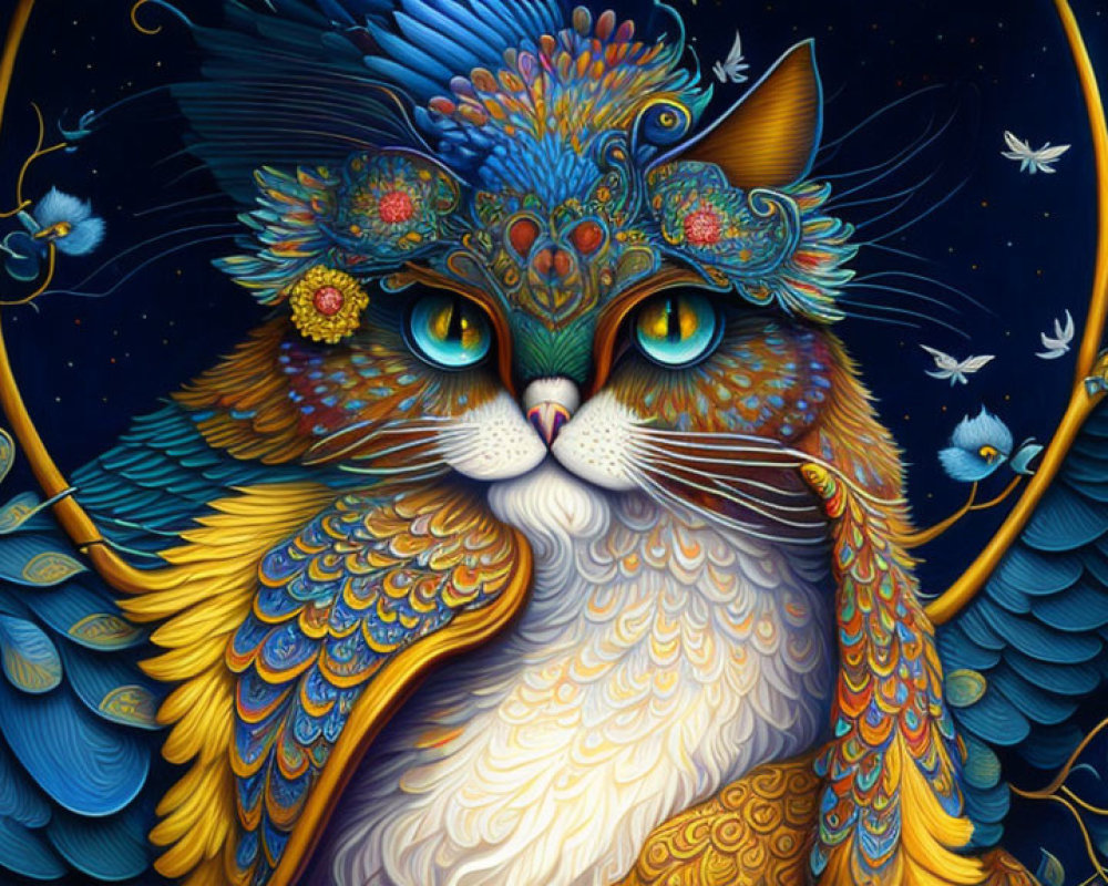 Colorful illustration of majestic winged cat with halo and butterflies