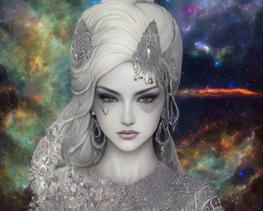 Silver-haired woman in ornate attire against cosmic starfield